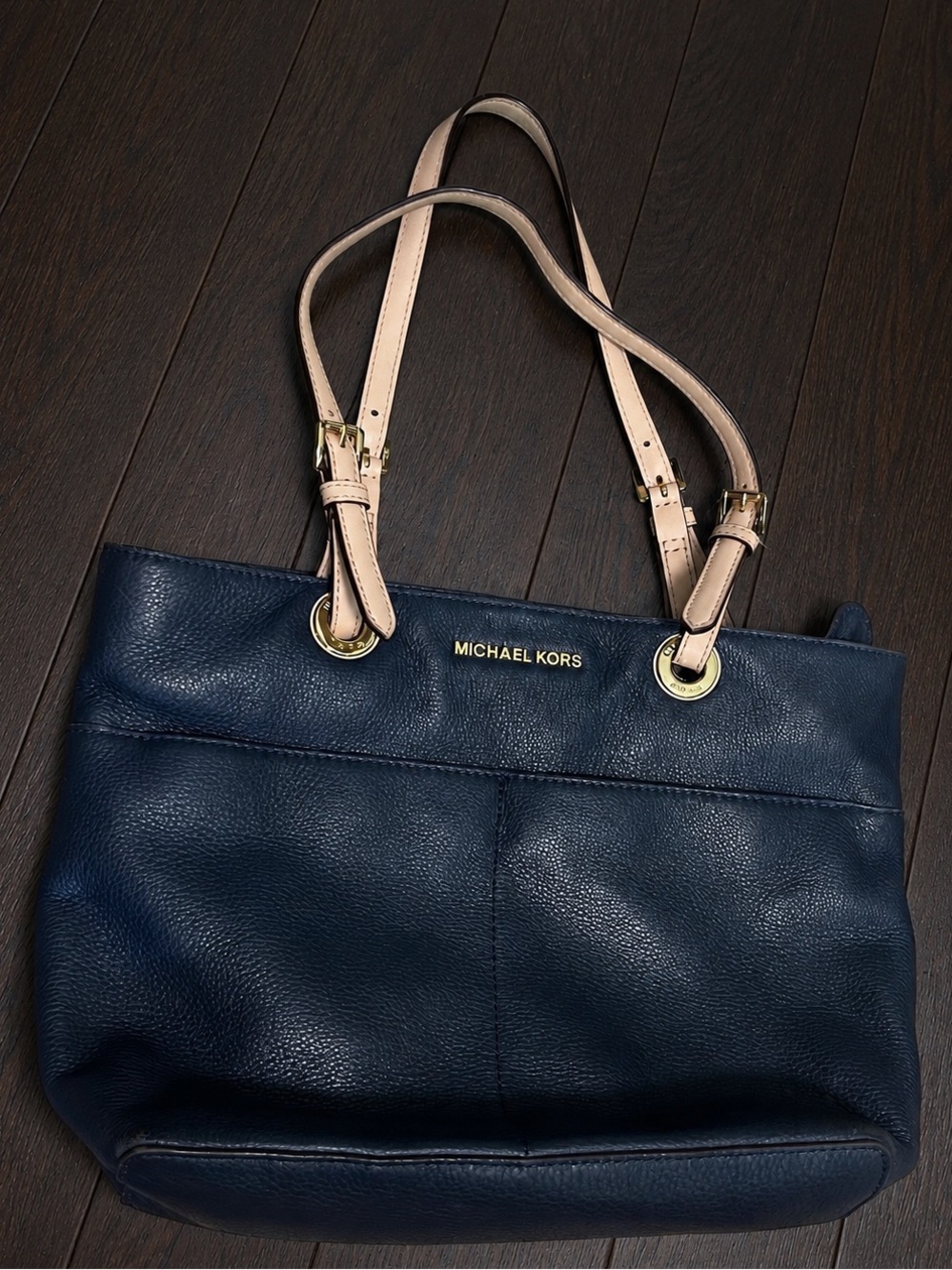 Michael Kors Navy Leather Tote with Beige Straps - Picture 3 of 7